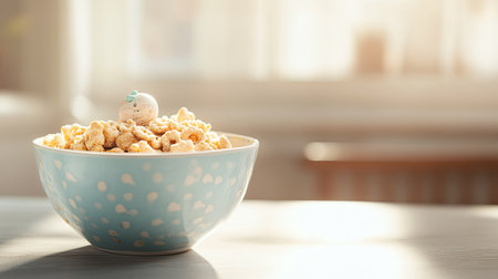 A bowl of baby cereal with a small toy, space for copy besideの素材