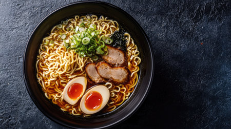 Top view of a delicious bowl of ramen with toppings, with ample space for textの素材