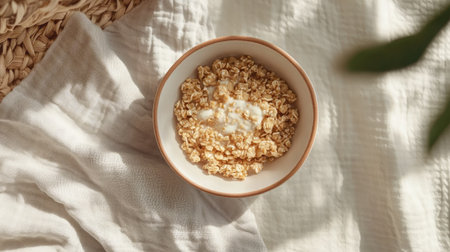 A bowl of baby cereal with a napkin, ample room for copyの素材