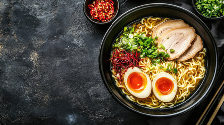 Top view of a delicious bowl of ramen with toppings, ample space for textの素材