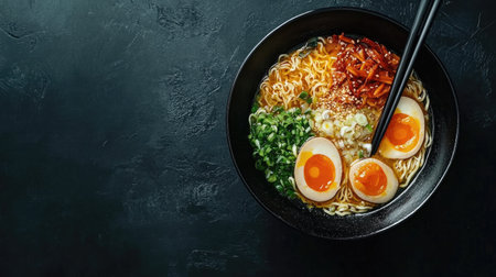 Top view of a delicious bowl of ramen with toppings, ample space for textの素材