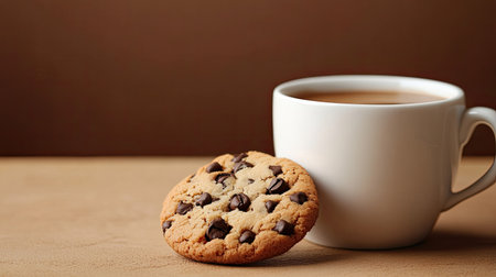 A coffee cup with a cookie beside it, with free space for textの素材