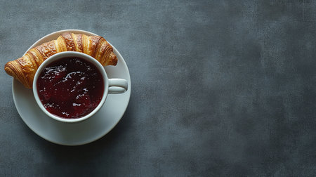 A coffee cup with a croissant and jam, with ample space for textの素材