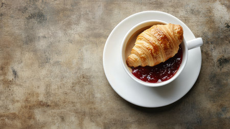 A coffee cup with a croissant and jam, with ample space for textの素材