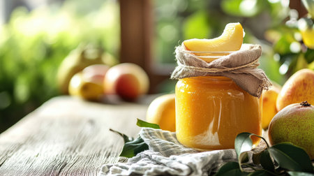 A jar of baby food with a napkin and fruits, ample room for copyの素材