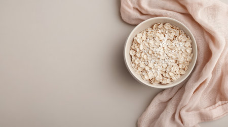 A bowl of baby cereal with a napkin, space for copy besideの素材