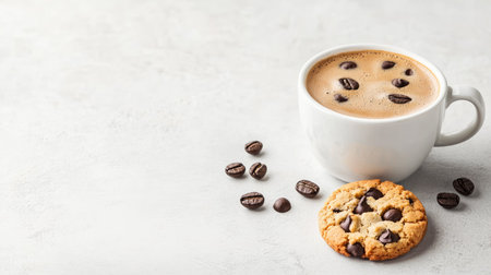 A coffee cup with a cookie beside it, with free space for textの素材