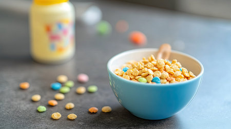 A bowl of baby cereal with a bottle, with ample room for copyの素材