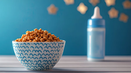 A bowl of baby cereal with a bottle, with ample room for copyの素材