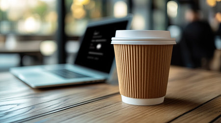 A coffee cup with a laptop beside it, with ample space for brandingの素材
