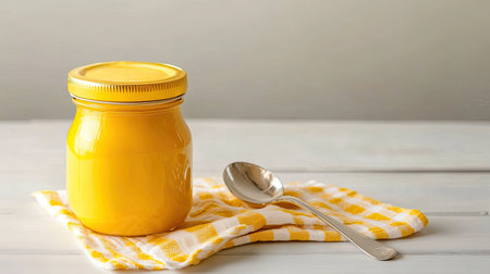 A jar of baby food with a napkin and spoon, space for copy besideの素材