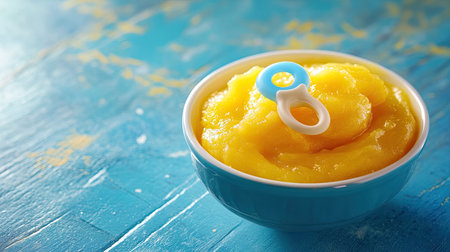 A bowl of baby puree with a pacifier, ample room for copyの素材