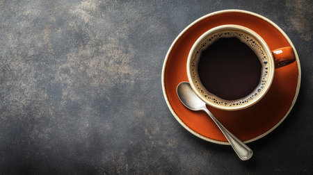 A coffee cup with a saucer and spoon, with free space for text besideの素材