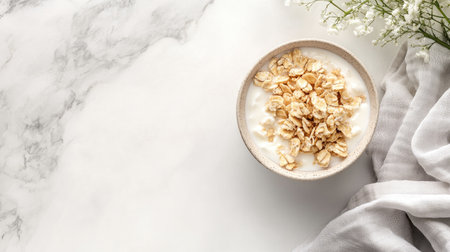 A bowl of baby cereal with a napkin, space for copy besideの素材