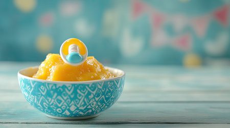 A bowl of baby food with a pacifier, ample space for textの素材