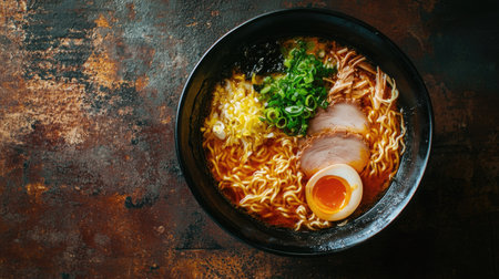Top view of a delicious bowl of ramen with toppings, ample space for textの素材