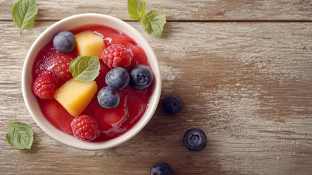 A bowl of baby puree with fruits, space for copy besideの素材