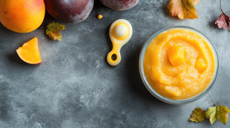 A bowl of baby puree with fruits and a pacifier, space for copy besideの素材