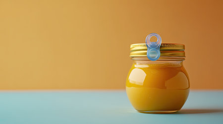 A jar of baby food with a pacifier, ample room for copyの素材