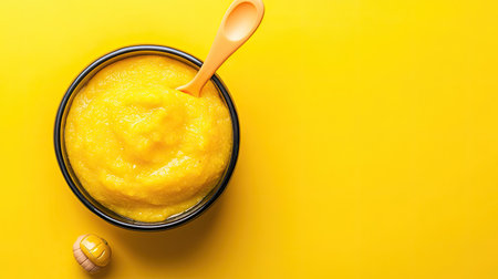 A bowl of baby puree with a small toy, ample space for textの素材