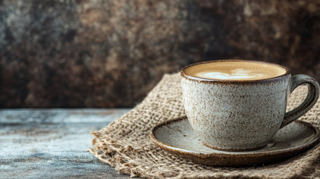 A coffee cup with a saucer on a rustic background, with room for copyの素材