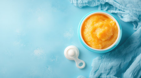 A bowl of baby puree with a pacifier, ample room for copyの素材