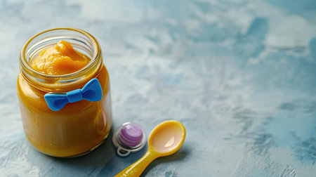 A jar of baby food with a pacifier and spoon, space for copy besideの素材