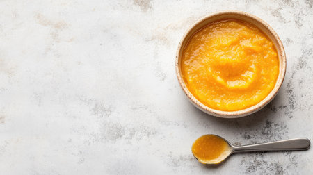 A bowl of baby puree with a spoon, space for copy besideの素材