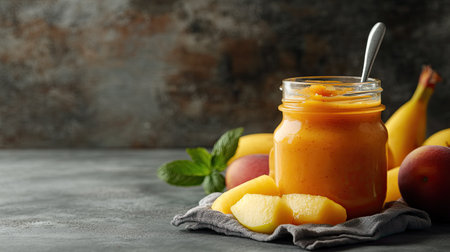 A jar of baby food with a napkin and fruits, space for copy besideの素材