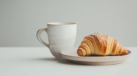 A coffee cup with a croissant on the side, with open space for copyの素材