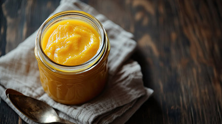 A jar of baby food with a spoon and napkin, ample room for copyの素材