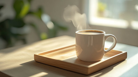 A steaming coffee mug on a wooden tray, with open space for brandingの素材