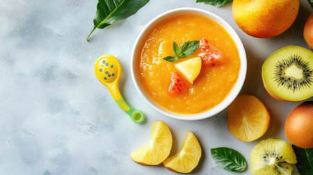 A bowl of baby puree with fruits and a pacifier, space for copy besideの素材