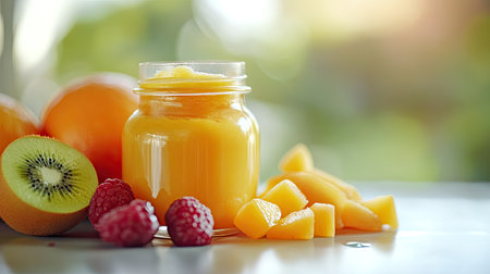 A jar of baby food with fruits, ample room for copyの素材