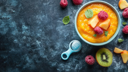 A bowl of baby puree with fruits and a pacifier, space for copy besideの素材