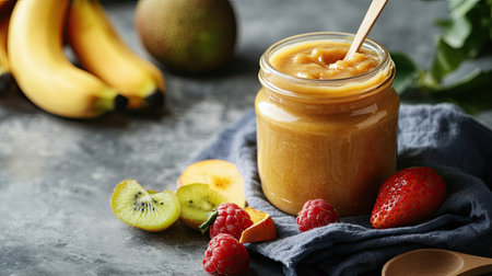 A jar of baby food with a napkin and fruits, ample room for copyの素材