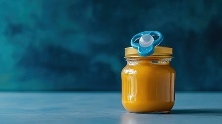 A jar of baby food with a pacifier, ample room for copyの素材