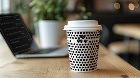 A coffee cup with a laptop beside it, with ample space for brandingの素材