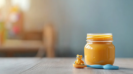 A jar of baby food with a small toy and spoon, ample room for copyの素材