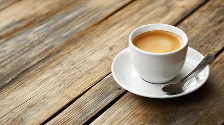 A coffee cup with a saucer and spoon, with free space for text besideの素材