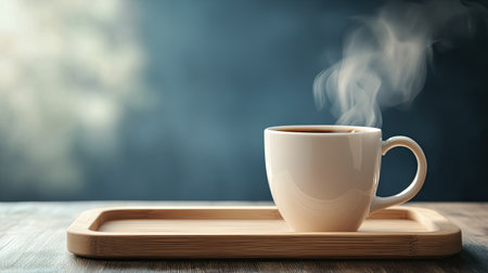 A steaming coffee mug on a wooden tray, with open space for brandingの素材