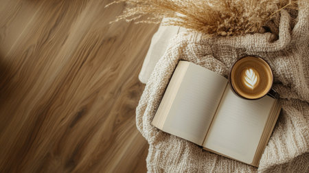A cozy coffee setup with a book, and free space for branding or textの素材
