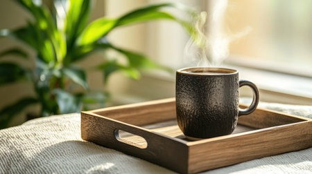 A steaming coffee mug on a wooden tray, with open space for brandingの素材