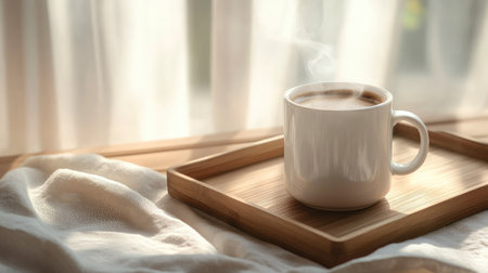 A steaming coffee mug on a wooden tray, with open space for brandingの素材