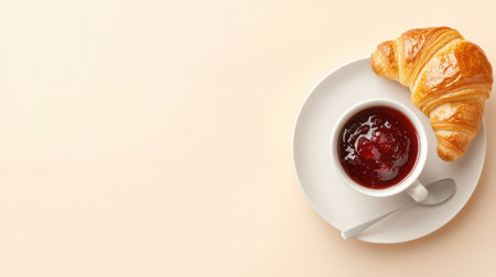 A coffee cup with a croissant and jam, with ample space for textの素材