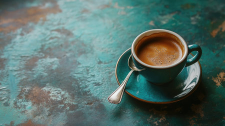 A coffee cup with a saucer and spoon, with free space for text besideの素材