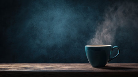 A steaming mug of coffee on a dark background, with space for copyの素材