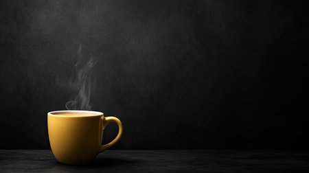 A steaming mug of coffee on a dark background, with space for copyの素材