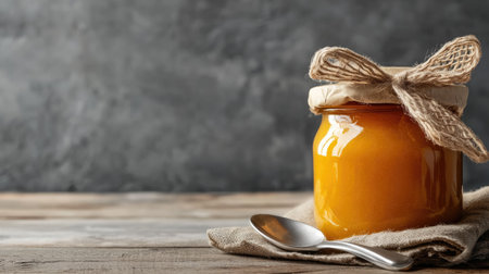 A jar of baby food with a spoon and napkin, space for copy besideの素材