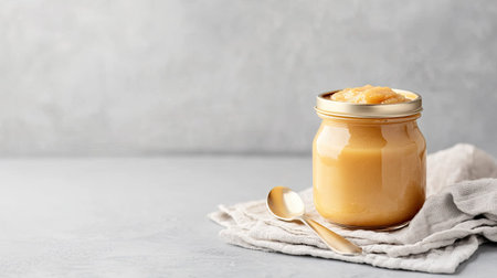 A jar of baby food with a spoon and napkin, space for copy besideの素材